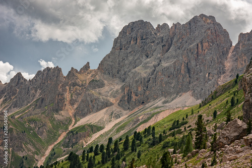 Panoramic view of towers and peaks of the Dolomites of the Catinaccio group