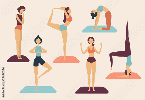 Set of vector cartoon illustration. Girls in yoga poses. Young beautiful women doing yoga in studio. Yoga school, class, center. Different exercises. Flat design