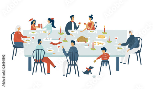 Christmas vector illustration on white background. Happy family celebrate at the same table. Template for your design. Merry Christmas and Happy new year.