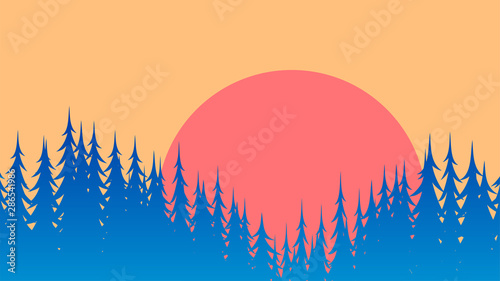Silhouette of coniferous green forest against the background of a red sunset or sunrise. Vector illustration for background.
