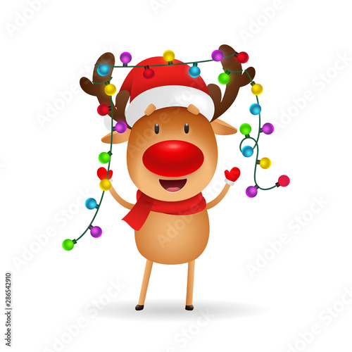 Cheerful reindeer celebrating Christmas. Cute cartoon deer with fairy lights on antlers. Christmas concept. Realistic vector illustration for greeting cards, festive banner and poster design