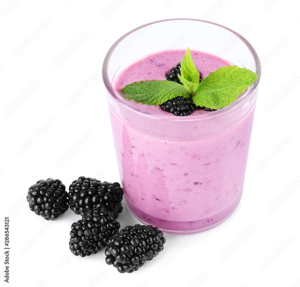Delicious blackberry smoothie in glass on white background Delicious blackberry smoothie in glass on white background