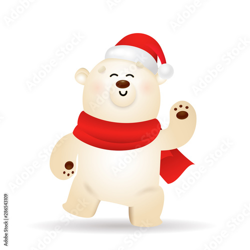 Happy polar bear celebrating Xmas. Cartoon character wearing Santa hat and red scarf. Christmas concept. Realistic vector illustration for winter holidays, party, festive event © PCH.Vector