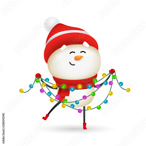 Happy snowman celebrating Christmas. Cute snow man holding fairy lights. Christmas concept. Realistic vector illustration for greeting cards, festive banner and poster design