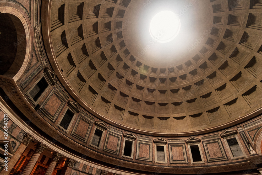 Rome Pantheon roof dome structures with beaming light