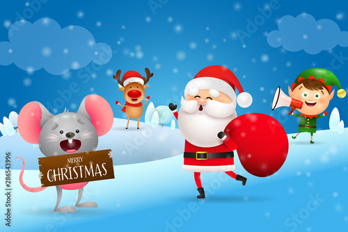 Christmas banner with excited Santa Clause. Fairy tale characters on blue winter background. Lettering can be used for greeting card, poster, leaflet