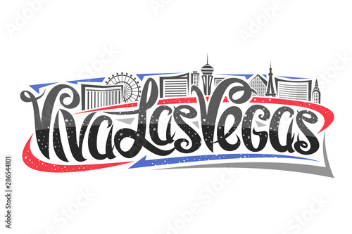 Vector logo for Las Vegas, decorative outline illustration with abstract architecture eiffel tower and ferris wheel, elegant lettering - viva las vegas, black contour urban scene on white background.