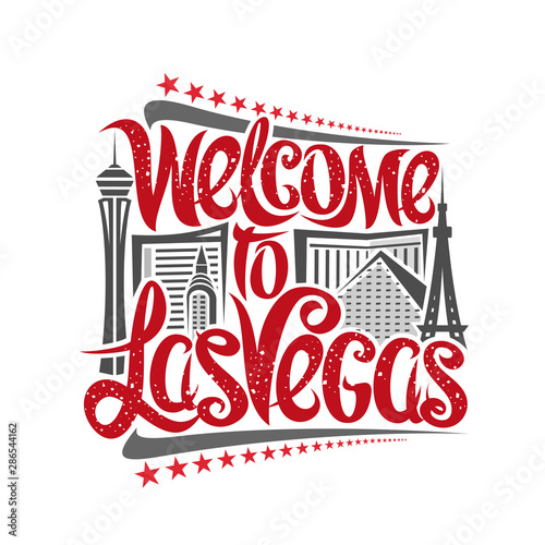 Vector poster for Las Vegas, decorative outline illustration with abstract architecture, elegant lettering - welcome to las vegas and red stars in a row, gray contour urban scene on white background.