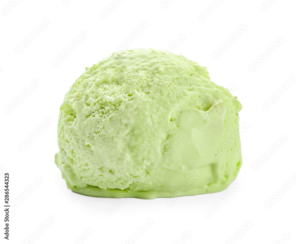 Scoop of delicious pistachio ice cream on white background Scoop of delicious pistachio ice cream on white background