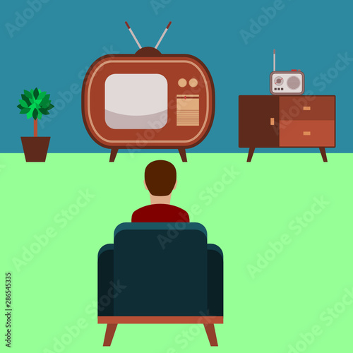 Watching TV. A man in the armchair is watching a vintage tv (room decorated in fifties style). Old tv with an analog antenna. Watching news, movies, tv shows,concept. Vector illustration, flat style.