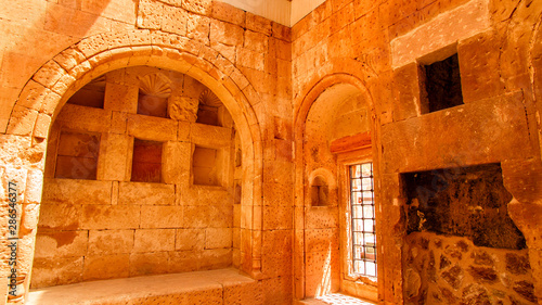 Ishak Pasha Palace  interiors  decorations and bas-reliefs  carved stone. Internal architecture. It is one of the most magnificent historical buildings of the country. Dogubeyazit. Eastern Turkey