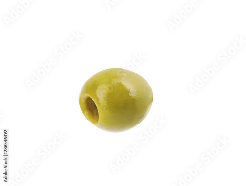 Delicious green pickled olive on white background