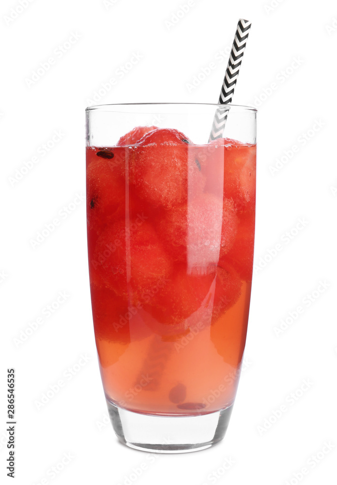 Glass of watermelon ball cocktail on white background Glass of watermelon ball cocktail on white background