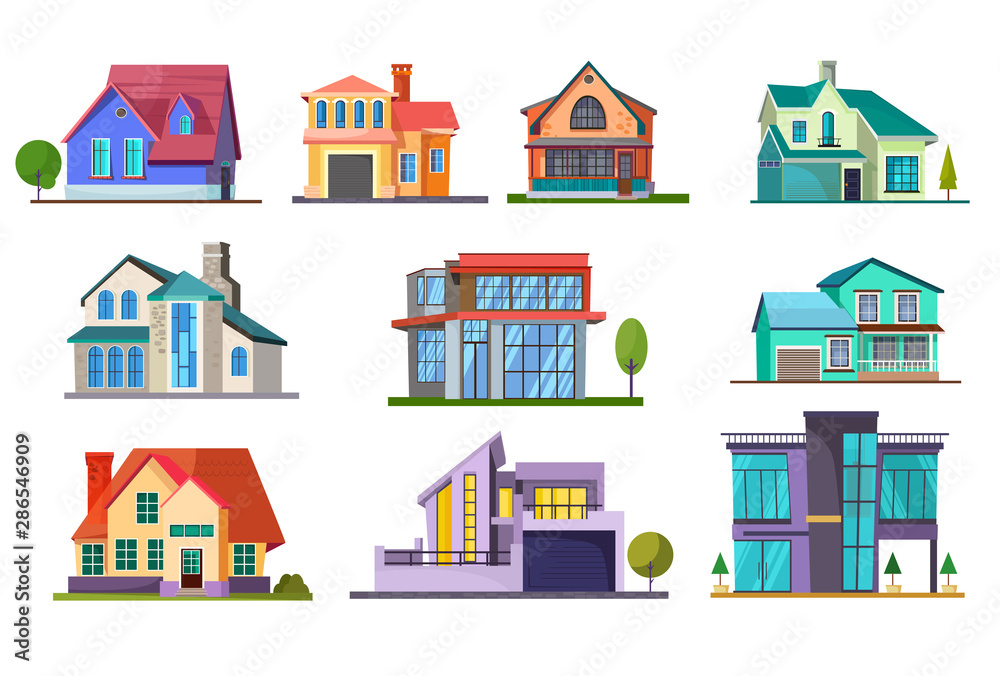 Apartment house set. Building, cottage, villa. Architecture concept. Vector illustrations can be used for topics like real estate, facade, residence, neighborhood