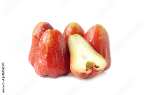 Rose apples full and half fruit isolated on white background.