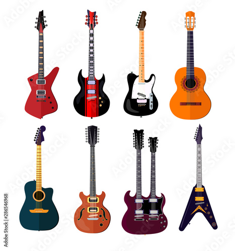 Concert guitar set. Electric, acoustic, string musical instrument. Music concept. Vector illustrations can be used for topics like rock-n-roll, metal, blues