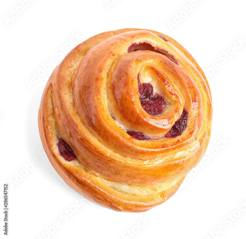 Fresh delicious sweet pastry on white background, top view