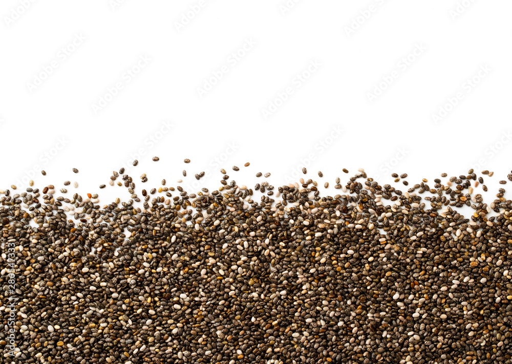 Scattered Chia seeds on a white, space for text. The view of the top. - obrazy, fototapety, plakaty 