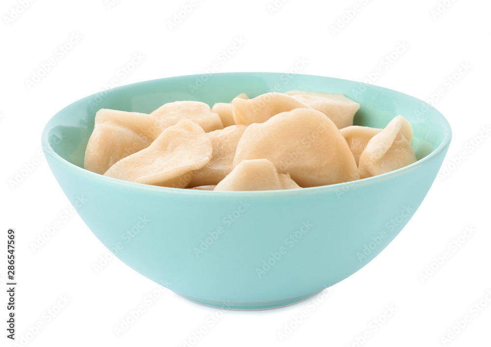 Delicious cooked dumplings in bowl on white background Delicious cooked dumplings in bowl on white background