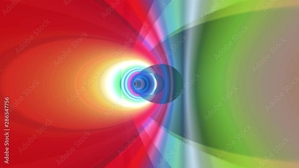 Abstract striped backdrop with rainbow concentric circles. Magic Spinning Background. Psychedelic tunnel colorful ride. Computer generated holographic motion background. Seamless loop