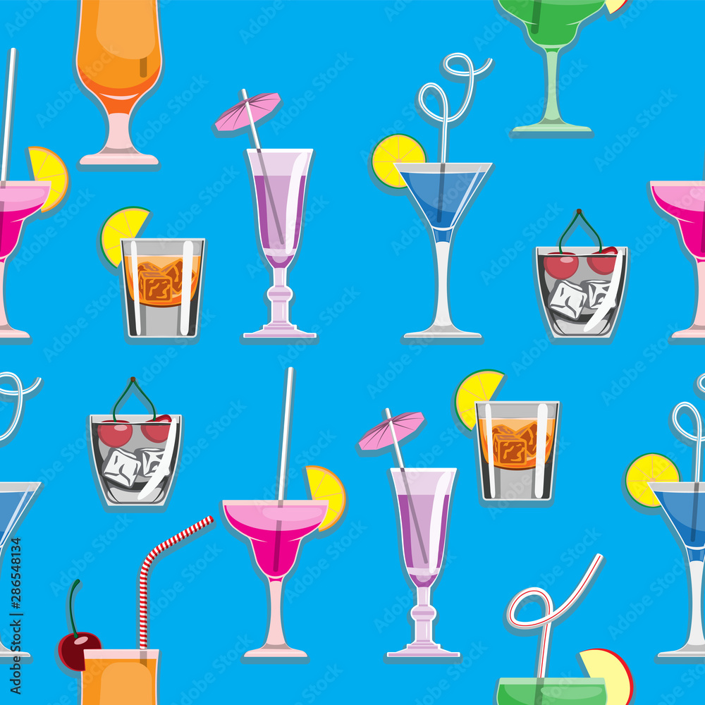 Seamless background with cocktails and drinks on a blue background. Vector image. Seamless background with cocktails and drinks on a blue background. Vector image.