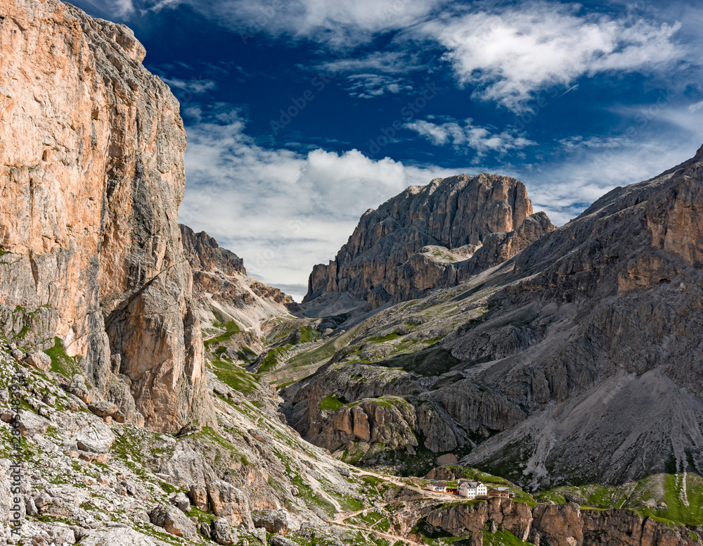 Panoramic view of towers and peaks of the Dolomites of the Catinaccio group Panoramic view of towers and peaks of the Dolomites of the Catinaccio group
