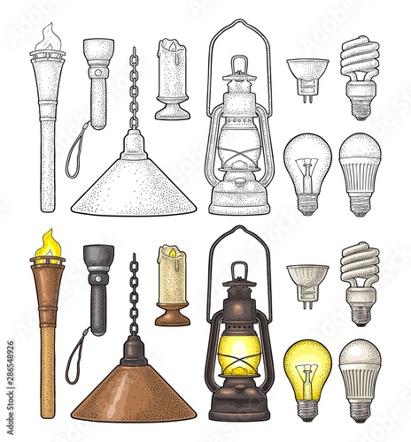 Set lighting object. Torch, candle, flashlight, different types electric lamps