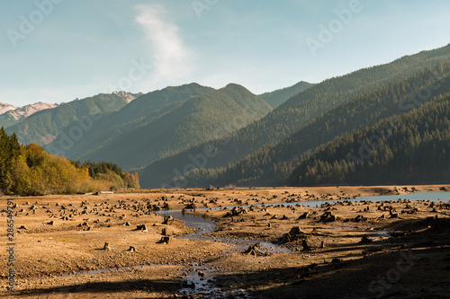 Dry Baker Lake with tree stumps into the ground that water has left visible with mountains and forest in the background