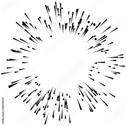 Radial ray, beam lines. Circular radiation stripes pattern. Gleam, sparkle effect. Glaze, flare, aurora design. Sunburst, starburst concentric lines as twinkle, radiance, glitter illustration.