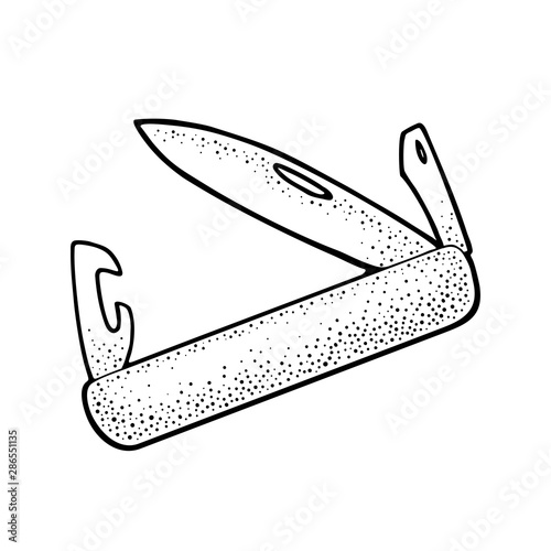 Open pocket jackknife with folding blades. Vector engraving