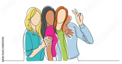 happy and carefree group of friends posing together - one line drawing