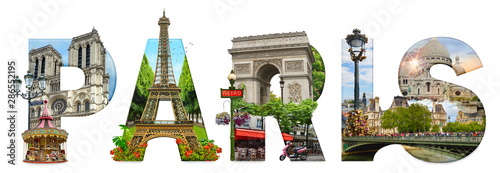 Paris city landmarks. Word illustration of most famous Paris monuments and places.