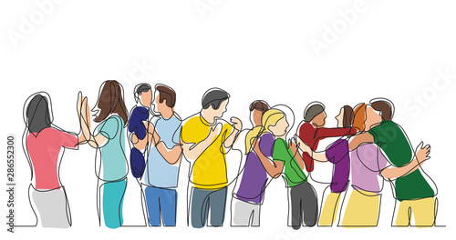 large team of friends cheering and celebrating success - one line drawing