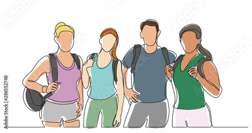 team of happy campers with backpacks standing together - one line drawing