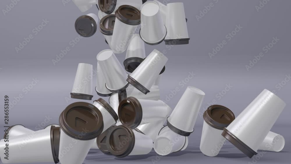 Many falling coffee to go plastic cups. 3D render.