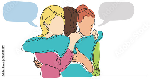 Canvastavla three female friends greeting hugging each other with speech bubbles - one line