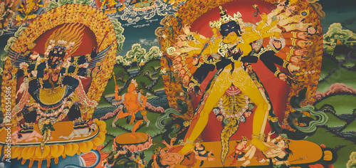 Buddhist colorful art on the walls of Hemis Monastery, Ladakh.