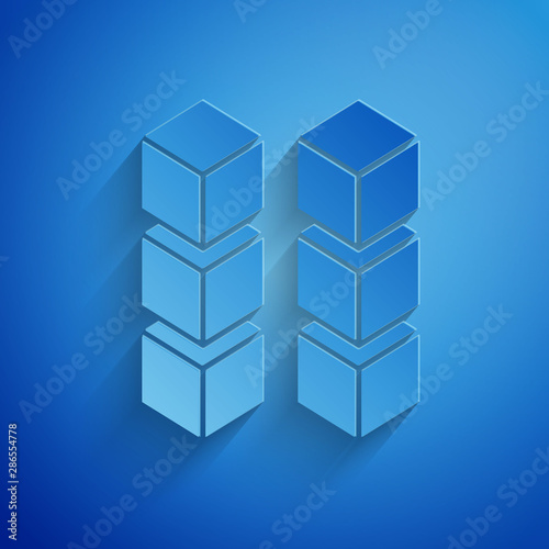 Paper cut Blockchain technology icon isolated on blue background. Cryptocurrency data. Abstract geometric block chain network technology business. Paper art style. Vector Illustration