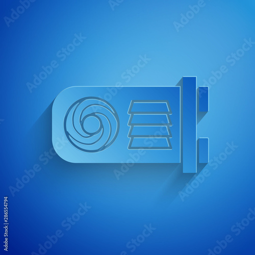 Paper cut Mining farm icon isolated on blue background. Cryptocurrency mining, blockchain technology, bitcoin, digital money market, wallet. Paper art style. Vector Illustration