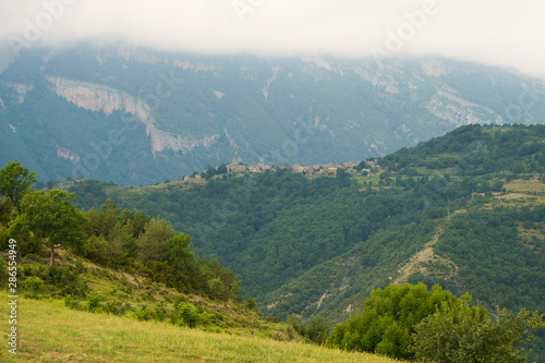 Beautiful scenic landscape view on a foggy day in Ordesa and monte Perdido National Park