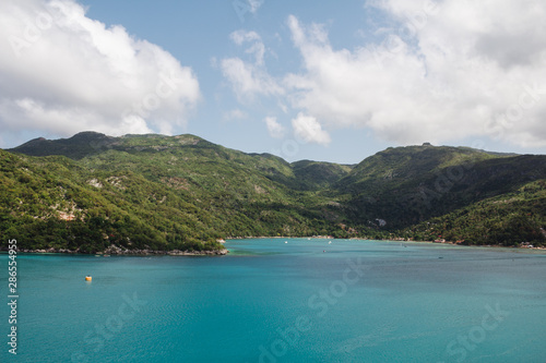 Mountains and beach view from Labadee, Haiti. Labadee is a private resort leased to Royal Caribbean Cruises.