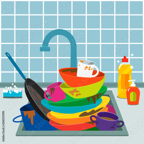 A pile of dirty unwashed dishes in the sink with a tap in the kitchen. dirty dishes and dishwashing detergent.