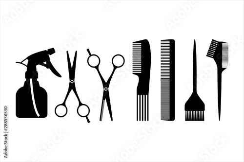 Set of hairdressing accessories for styling professional haircut icon.