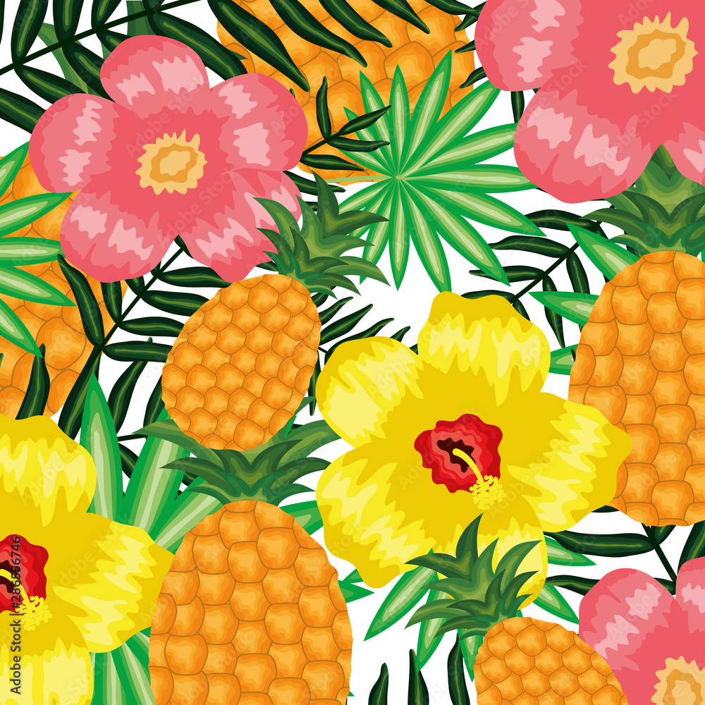 Fototapeta premium fresh pineapple fruit with floral decoration