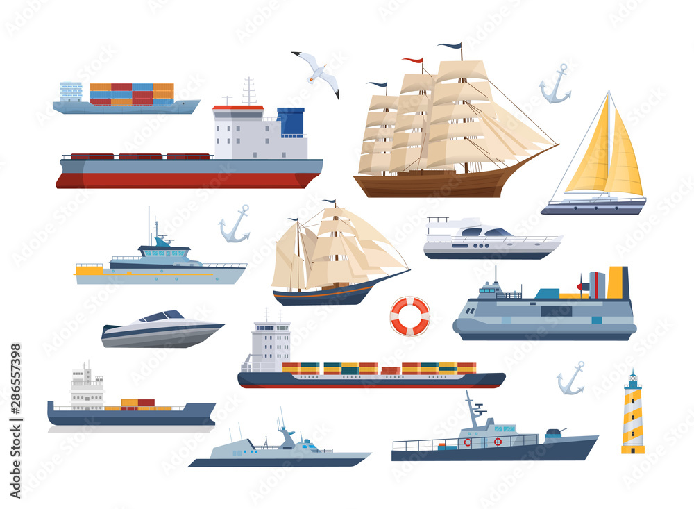 Obraz premium Big set of maritime ships at sea, shipping boats, sail boat, ocean ships, yacht sailing boats, cargo ships. Transportation sailboat, military warship. Water transport boat, vessel vector illustration