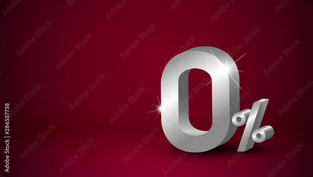 Silver metal zero percent or 0% on red background with copy space 3D vector illustration Silver metal zero percent or 0% on red background with copy space 3D vector illustration