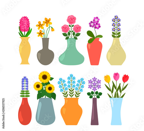 Set of colored vases with blooming flowers for interior design.