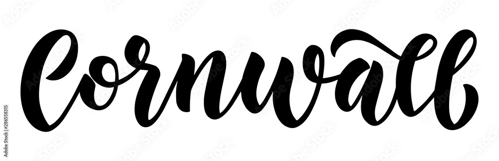 Cornwall. Vector hand lettering element. Neat brush lettering script for county name for posters, greeting cards, postcards, maps. Isolated black and white element. Cornwall. Vector hand lettering element. Neat brush lettering script for county name for posters, greeting cards, postcards, maps. Isolated black and white element.