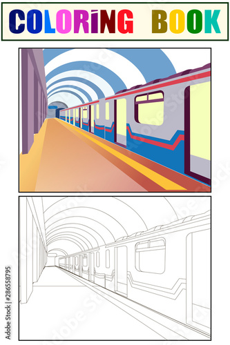 Underground. The train car is at the station. Coloring book and color sketch. vector