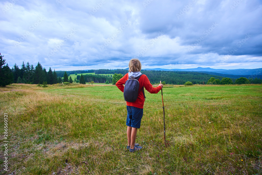 Little child boy with backpack hiking in mountains